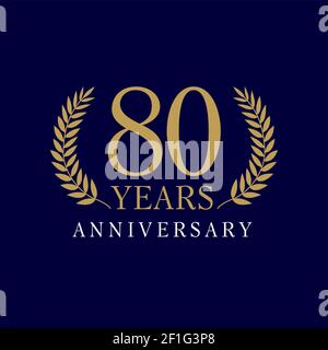 80 years old luxurious logo. Anniversary year of 80 th vector gold colored template framed of palms. Greetings ages celebrates. Celebrating tradition Stock Vector