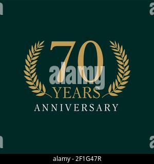 70 years old luxurious logo. Anniversary year of 70 th vector gold colored template framed of palms. Greetings ages celebrates. Celebrating tradition Stock Vector