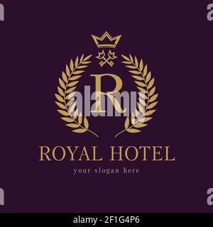 R company logo. Luxurious hotel. Coat of arms, gold colored round royalty classic symbol template. Decorative traditional branch of grapes in circle, Stock Vector