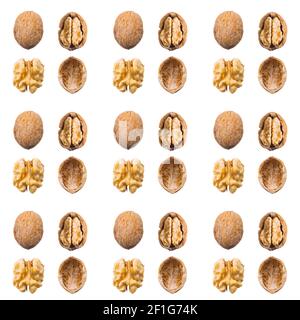 Walnut seamless pattern backdrop. Walnut whole, opened, half, kernel and shell on a white background. Nuts view from the top Stock Photo