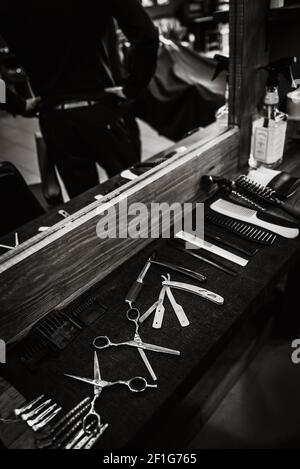 The tools of a Barber on the desktop Stock Photo