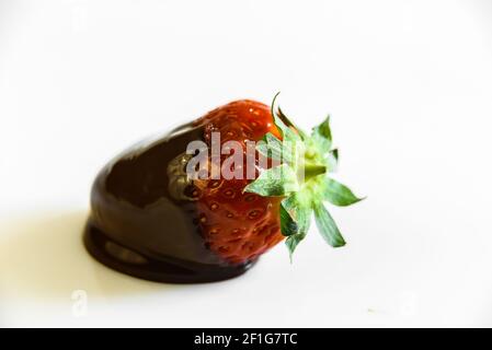 Strawberries with a tail drenched in liquid chocolate Stock Photo
