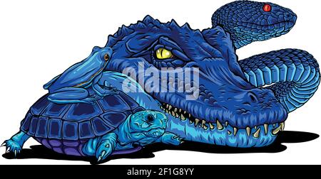 Set of reptiles and amphibians. Wild Crocodile, snake, turtle and frog Stock Vector