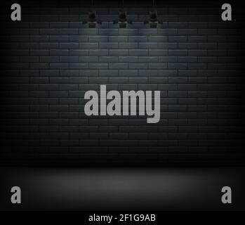 Lighted stage with gray brick wall behind, vector background Stock Vector
