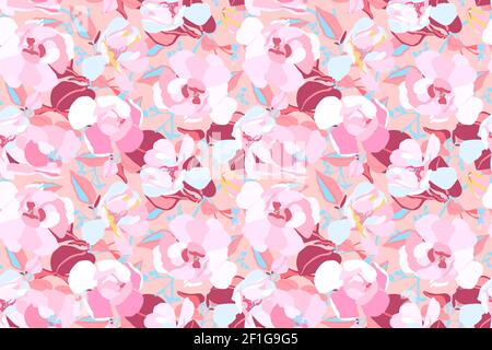 Vector floral seamless pattern. Pink garden flowers with maroon leaves. Stock Vector