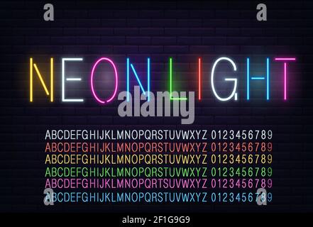 Neon Lighted Typeset, on brick wall colored neon alphabet full abc set collection, red yellow bllue violet colors Stock Vector