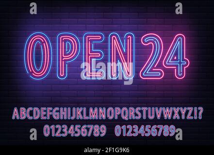 Neon Lighted Typeset, alphabet full abc font set with neon blue and red style letter. Open 24 sign Stock Vector