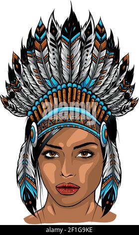 Beautiful girl in a headdress of North American Indians. Stock Vector