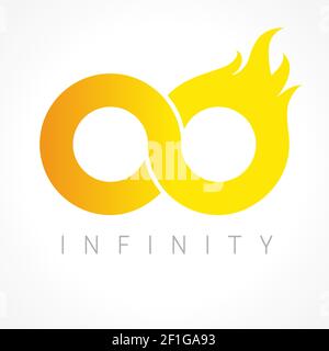 Infinity fiery logo. Flamy graphics infinite vector template brand sign. Infinit flamed gold colored branding symbol of constancy or number 0. Creativ Stock Vector
