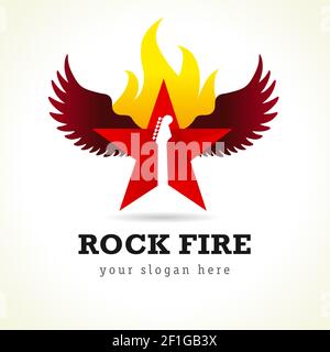 Rock star vector logo. Red stained glass flying flaming star, guitar neck, wings, brand idea. Musics vector sign. Art events and tours symbol. Rock n Stock Vector