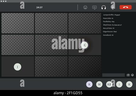 Screen template of video conference, modern software for virtual meetings, remote work or lections on transparent background Stock Vector