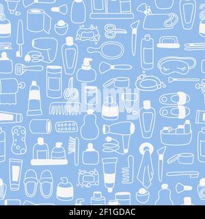 Bathroom set, seamless pattern. Hand drawn doodle background with outline hand drawn beauty products. Vector illustration. Bath texture. Stock Vector