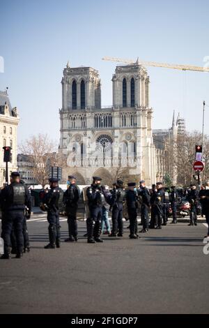 Police forces in front of the Notre Dame Cathedral during the protest to call for greater rights for women as part of the international Women's Day in Paris, on March 8, 2021. Photo by Raphael Lafargue/ABACAPRESS.COM Stock Photo