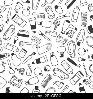 Bathroom set, seamless pattern. Hand drawn doodle background with outline hand drawn beauty products. Vector illustration. Bath texture. Stock Vector