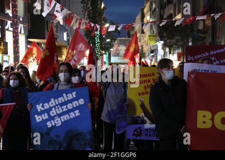 Karsiyaka, Izmir - Turkey , 03-08-2021: Views from the International Working Women’s Day in Izmir, Turkey. Stock Photo