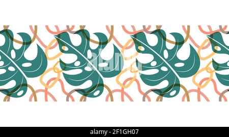 Hand drawn tropical seamless border. Vector hand drawn pattern, transparent green leaf of monstera, abstract shapes in pink neutral palette Stock Vector