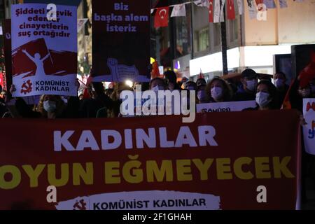 Karsiyaka, Izmir - Turkey , 03-08-2021: Views from the International Working Women’s Day in Izmir, Turkey. Stock Photo