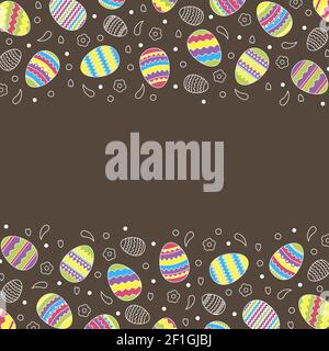 Easter eggs border pattern. Colorfull eggs, flowers, hearts, dots on chocolate background. Decorative horizontal stripe. Candy bright colors. Stock Vector