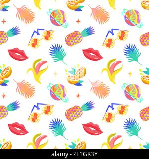 Summer pattern seamless with fashionable elements - red lips, pineapple, palm leaf, banana, beach cocktail, drink, sunglasses, summer planet. Fashion Stock Vector