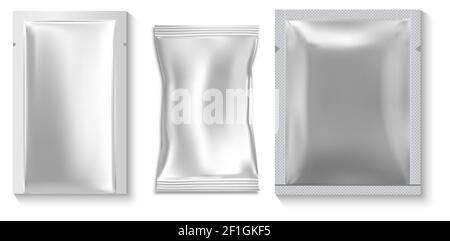 Wet wipe package. Sample pouch, silver sachet mockup. Disposable packet for napkin, isolated object. Foil sachet beauty sheet vector blank. Individual Stock Vector