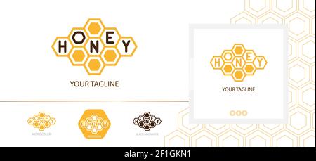 Honey logo. Honeycomb geometry logotype design with variations for print Stock Vector