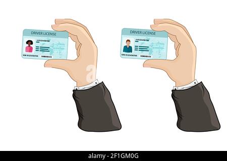 Car driver license in hand isolated on white background. Hand holding the car driver license identification card with photo. Stock vector illustration Stock Vector