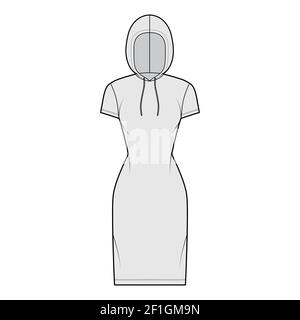 Hoody dress technical fashion illustration with short sleeves, knee length, fitted body, Pencil fullness. Flat apparel sweater template front, grey color style. Women, men, unisex CAD mockup Stock Vector