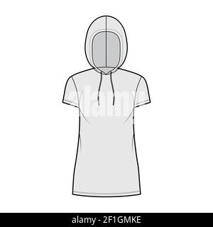 Hoody dress technical fashion illustration with short sleeves, mini length, oversized body, Pencil fullness. Flat sweater top apparel template front, grey color. Women, men, unisex CAD mockup Stock Vector