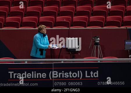 Bristol, UK. 08th Mar, 2021. BT Sport Presenter Clare Balding looks on during the first half. Barclays Women's Super league match, Bristol city women v Reading women at Ashton Gate Stadium in Bristol, Avon on Monday 8th March 2021. this image may only be used for Editorial purposes. Editorial use only, license required for commercial use. No use in betting, games or a single club/league/player publications. pic by Lewis Mitchell/Andrew Orchard sports photography/Alamy Live news Credit: Andrew Orchard sports photography/Alamy Live News Stock Photo