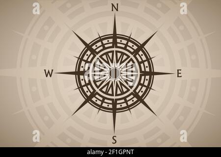 Compass rose or wind rose on brown vintage background Stock Vector