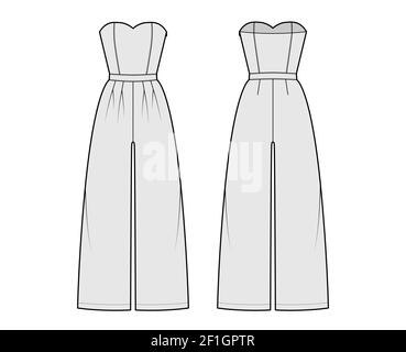 Strapless jumpsuit overall technical fashion illustration with full length, normal waist, high rise, double pleats. Flat apparel garment front back, grey color style. Women, men unisex CAD mockup Stock Vector
