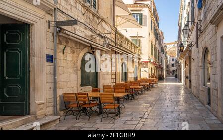 Dubrovnik, Croatia - Aug 23, 2020: Empty street in old town in summer morning Stock Photo