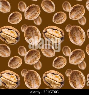 Walnut seamless pattern on dark brown background. Open nut shell and kernel. Top view. Banner. Pop art design.  Stock Photo
