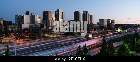 Early Morning Commuters Create Light Trails Before Rush Hour in Bellevue Washington Stock Photo
