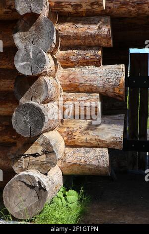 wooden log house closeup part Stock Photo