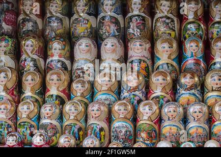 Nesting dolls on the counter in rows. National Russian toys Stock Photo