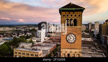 Aerial View City Clocktower in Downtown Tacoma Washington Stock Photo