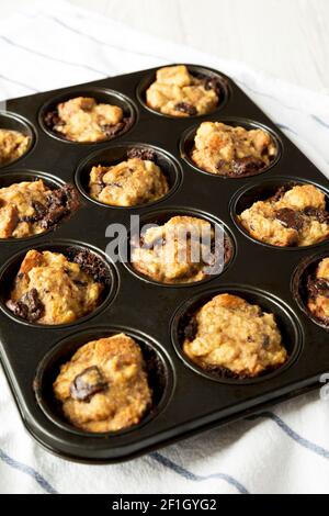 Homemade Chocolate Banana Bread Pudding in a baking dish, side view. Stock Photo