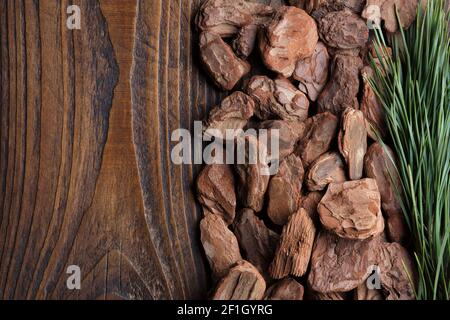 Pine bark and branch of pine tree on wooden board, top view. Natural background. Stock Photo