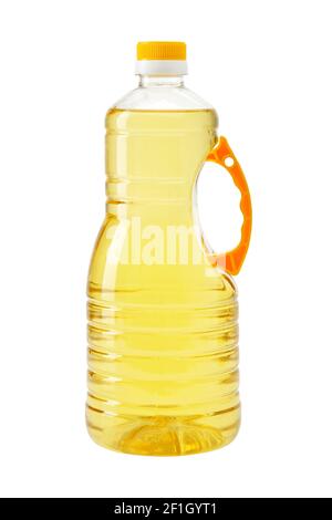 Cooking oil bottle isolated on white.  Plastic bottle with vegetable organic oil. Stock Photo