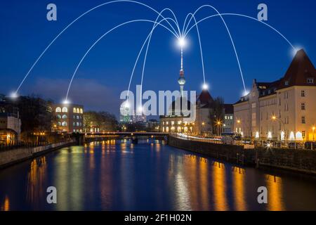 Smart city and connection lines. Spree River and skyline in Berlin, Germany, at dusk. Technology, network connection, information & smart city concept Stock Photo