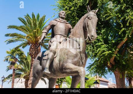 Statue of conqueror Diego de Almagro in the Plaza Mayor. Ciudad Real, Spain Stock Photo