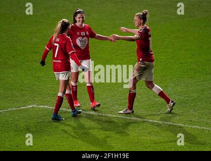 Bristol City's Molly Pike (left), Carla Humphrey and Yana Daniels celebrate at the end of the FA Women's Super League match at Ashton Gate Stadium, Bristol. Picture date: Monday March 8, 2021. Stock Photo
