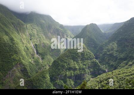 High Waterfalls in Takamaka Gorge in Réunion, France - Travelling on La Réunion Island Stock Photo