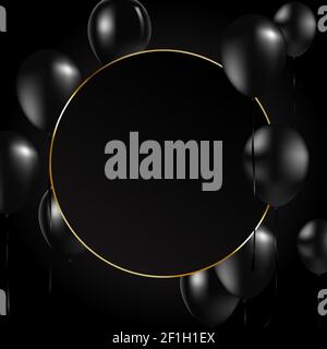Beautiful black balloons vector randomly flying over gold frame. Party elegant vector background with space for text. Vector golden frame, confetti Stock Vector