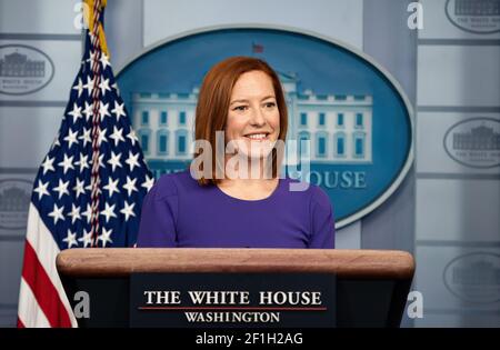 Press Secretary Jen Psaki answers questions from members of the press Wednesday, Feb. 24, 2021, in the James S. Brady Press Briefing Room of the White House. (Official White House Photo by Chandler West) Stock Photo