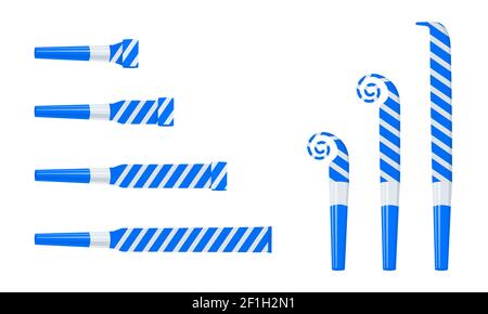 Rolled and unrolled party horns, noisemakers, blowers. Striped blue and silver sound whistles isolated on white background. Side and top view. Vector cartoon illustration. Stock Vector