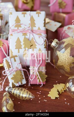 Festively wrapped gifts for Christmas Stock Photo