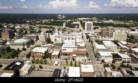 Aerial View Over The Streets Architecture and Buildings of Downtown Macon GA Stock Photo