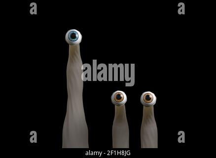 Funny cartoon creatures eyes on black 3d illustration Stock Photo